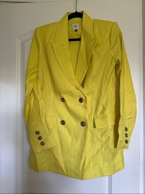 NWT CAbi Bright Yellow Double-Breasted Linen-Blend Blazer
